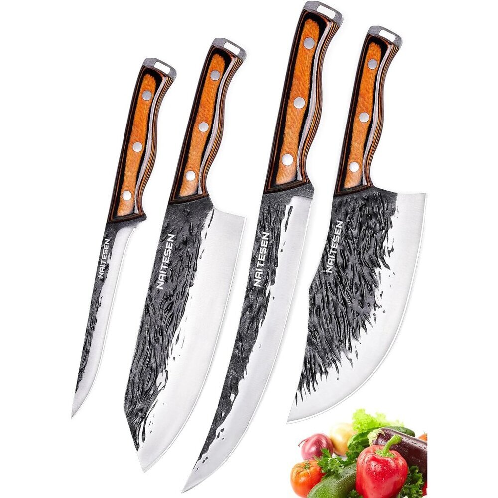 4PCS Hand Forged Butcher Knife and Kitchen Knife 2 in 1 Set, Heavy Duty Meat Cle